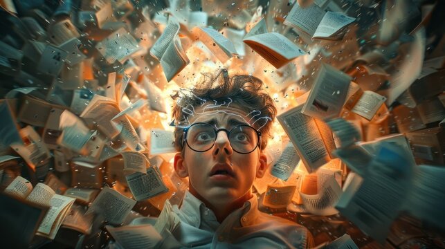 A young human brain is bombarded with overwhelming information, too much media, too much information, maximalism, news, and social