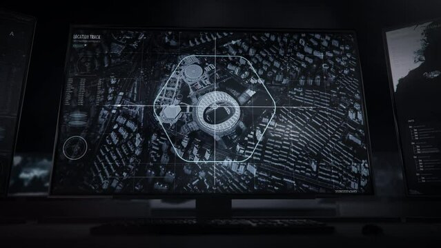 The spying system is used. Location Tracking. The Drone Camera is showing footage of the Chinese City. The main focus is on the big football stadium. User Interface. Data Processing. - Powered by Adobe