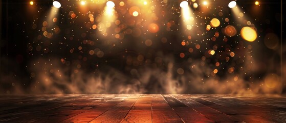 Panoramic banner featuring dark brown background, stage lights, and sparkling bokeh for product presentation
