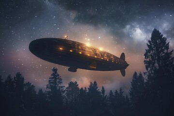 Obraz premium A large zeppelin, glowing with soft lights, floats gracefully above a dark forest under a starry sky. Generative AI