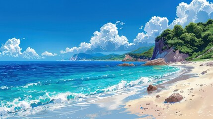 Scenic Beach Paradise with Crystal-Clear Waters, White Sand, Bright Blue Sky, and Gentle Waves Surrounded by Green Hills and a Moss-Covered Rock Formation