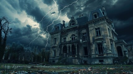 Horror scene of an abandoned mansion with dark clouds and frequent lightning flashes