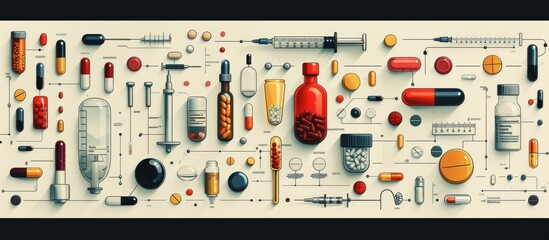 Fototapeta premium Knolling Arrangement of Various Medicine-Related Objects