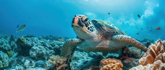 Fototapeta premium Giant sea turtle swimming over coral reefs, ocean wildlife habitat