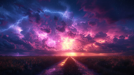 Fototapeta premium Thunderstorm over a field at night, lightning with a beautiful sunset and clouds