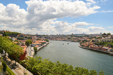 Panoramic view of Old Porto Oporto city and Ribeira over Douro river from Vila Nova de Gaia, Portugal