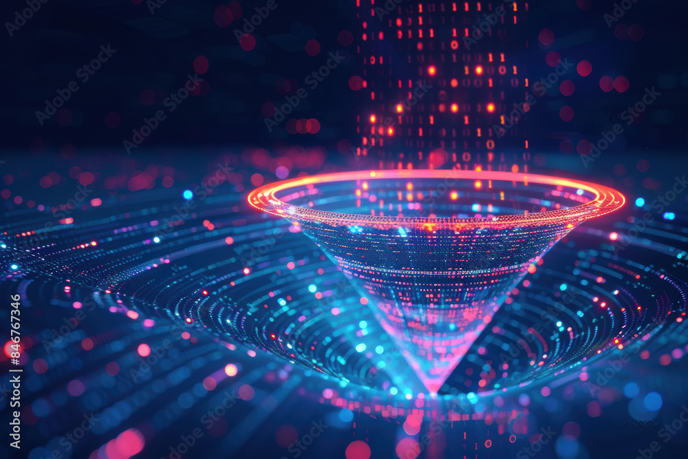 Poster futuristic digital vortex with glowing binary code, abstract technology concept, data flow visualiza