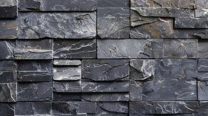 Close-up of a textured, dark slate stone wall with varying layers and shades, perfect for backgrounds or architectural design elements.