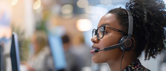 Dedicated female agent with a headset, working efficiently in a bustling call center