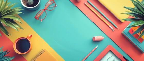 Top view of a colorful office desk with glasses, coffee, tablet, pencils, notebooks, and plants, showcasing a vibrant and creative workspace.