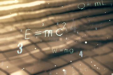 Double exposure of scientific formula hologram on blurry metal background, research and development concept