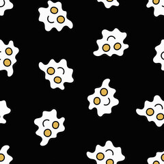 Fried Eggs Seamless Pattern. Doodle Fried Eggs Illustration on Black Background.