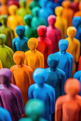 Vibrant close-up of colorful toy figurines standing together. Diversity and unity concept represented by rainbow-colored plastic models in different hues.