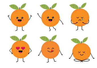 Kawaii orange fruit character with different emotions. Isolated on white background. Cartoon oranges set