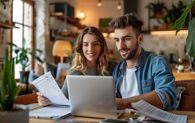 A young couple working on their financial goals for their dream home The man and woman working together on a laptop at a table in a modern apartment interior,.