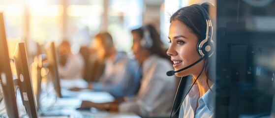 Busy call center environment with a professional female agent using a headset