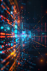 Obraz premium Futuristic digital technology background with glowing lines and binary code. Abstract data visualization concept for IT, AI, and innovation projects.