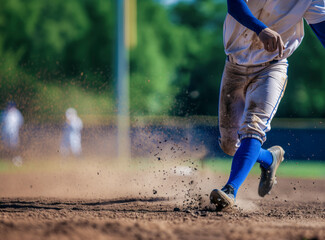 a baseball player sliding into base, with dirt flying, showcasing the sport's dynamic and intense action
