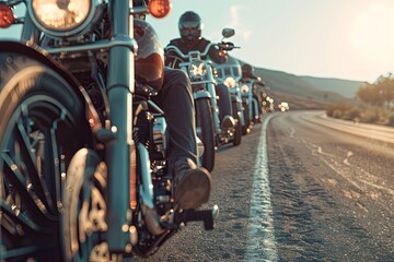 A group of bikers ride down a deserted highway at sunset, their motorcycles forming a line in the distance. Generative AI