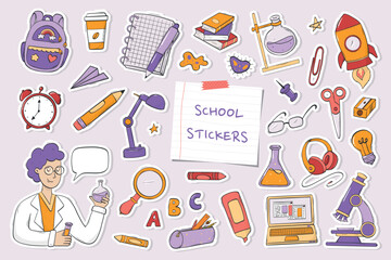 school stickers, clip art, doodles with white edge. Good for prints, cards, posters, banners, signs, planners, etc. EPS 10