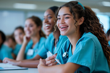 A group of diverse nursing students attentively listening and smiling during a classroom lecture. The students are dressed in teal scrubs and engaged and enthusiastic about their learning experience.