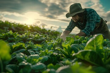 A farmer harvests organic greens in a field at sunset, his hands gently caressing the leaves. Generative AI