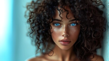 Fototapeta premium A woman's portrait. This is a portrait close up of a beautiful woman. A portrait of a woman with blue eyes and perfect skin. Beauty face.