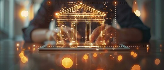 Businessman uses tablet network to access banking services, secure money digital online