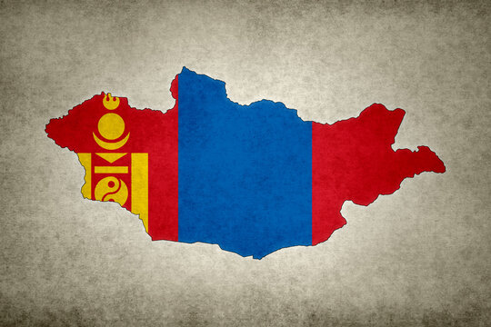 Map of Mongolia with its flag on a paper