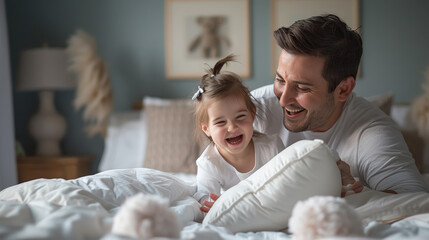A joyful father and daughter share a happy moment, laughing together while playing on a bed in a cozy bedroom.
