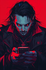 vampire in the night with phone - horror comic illustration - generative ai