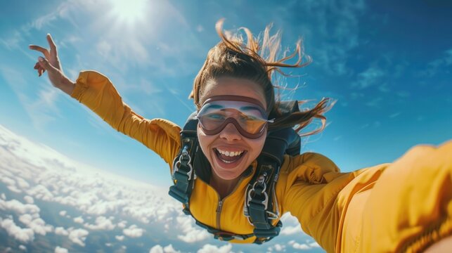 A young woman skydives in the sky and has a great time