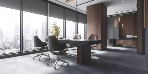 Modern Office with Panoramic City View, Minimalist Black Furniture, and Built-in Bookshelves