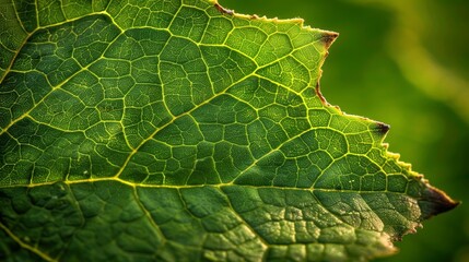 Detailed close up of vibrant leaf veins on green leaf with minimalistic background for text overlay