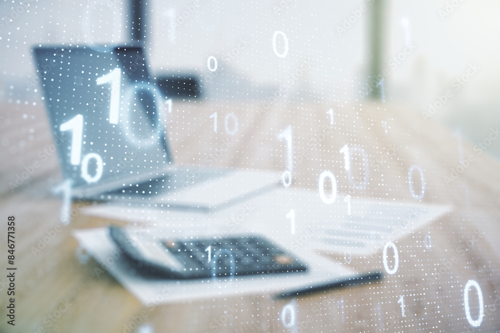 Fototapete double exposure of abstract virtual binary code hologram on blurry calculator with laptop background