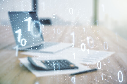 Double exposure of abstract virtual binary code hologram on blurry calculator with laptop background. Database and programming concept
