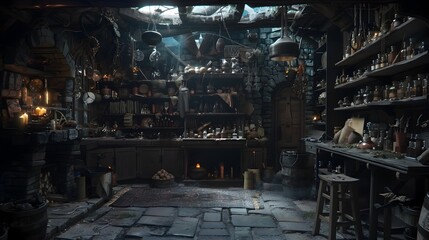 Mysterious Sorcerer's Lair Filled with Arcane Tools and Trinkets of the Occult