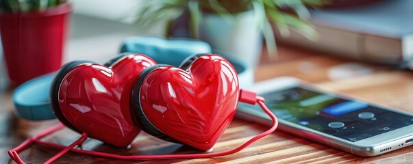 Heart shaped headphones connected to a smartphone, symbolizing the bond between technology and emotional well being