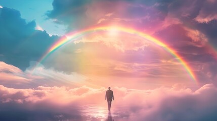 Solitary Figure Traversing Majestic Rainbow-Kissed Landscapes