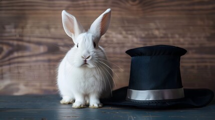 Adorable White Rabbit Sitting Next to a Magician's Top Hat