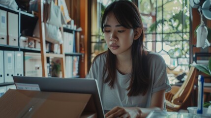 Fototapeta premium SME business woman in Asia uses laptop computer to check customer orders, online delivery boxes at home Starting a small business, SME entrepreneur, freelancer, online business, work from home ideas.