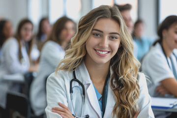 Fototapeta premium Photograph of a woman doctor, nurse, portrait shot smiling cheerfully, standing front row in class.