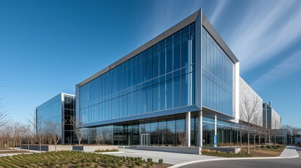 Obraz premium Contemporary building exterior with a sleek glass facade, reflecting the sky