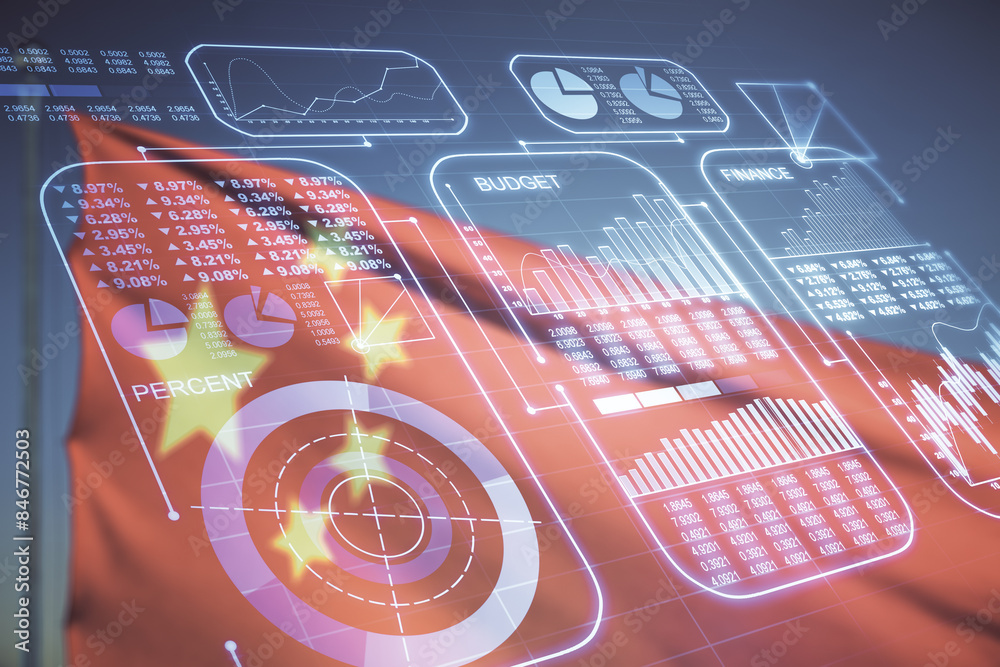 Poster multi exposure of creative statistics data hologram on chinese flag and blue sky background, stats a