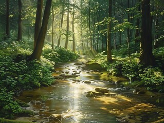 Fototapeta premium Forest stream with sunlight filtering through trees, lush greenery, detailed, photo realism