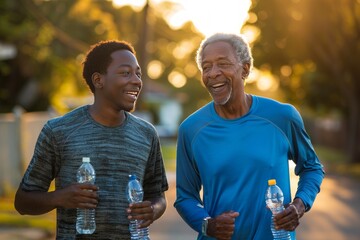 Two happy men jogging in the park, smiling and holding water bottles, enjoying a healthy outdoor...