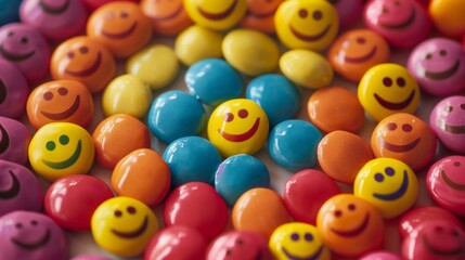 Colorful smiling candies arranged in a spiral pattern, creating an eye-catching visual display.