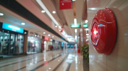 Fire alarm system installed on the wall of a busy shopping mall