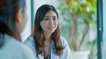 Fototapeta premium Asian female patient visits and discusses health problems with young doctor Attractive therapist working to explain diagnosis in hospital to provide treatment to sick girl during appointment