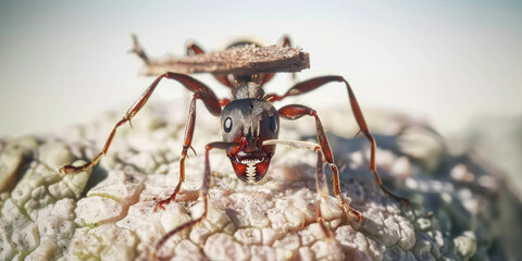 Macro shot of an ant carrying a piece of wood on its back , close-up against the background of...